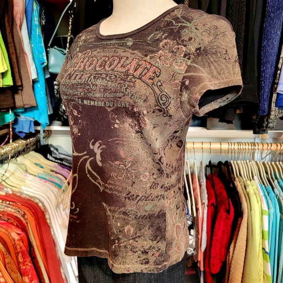 APT 9 ♡ Super-Sweet Brown 'n Tan Cotton Embellished Bling CHOCOLATE Shirt S - Picture 6 of 16